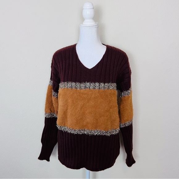 Brown, Orange & Tinsel Colorblock V-Neck Long Sleeve Knit Sweater - Picture 2 of 14